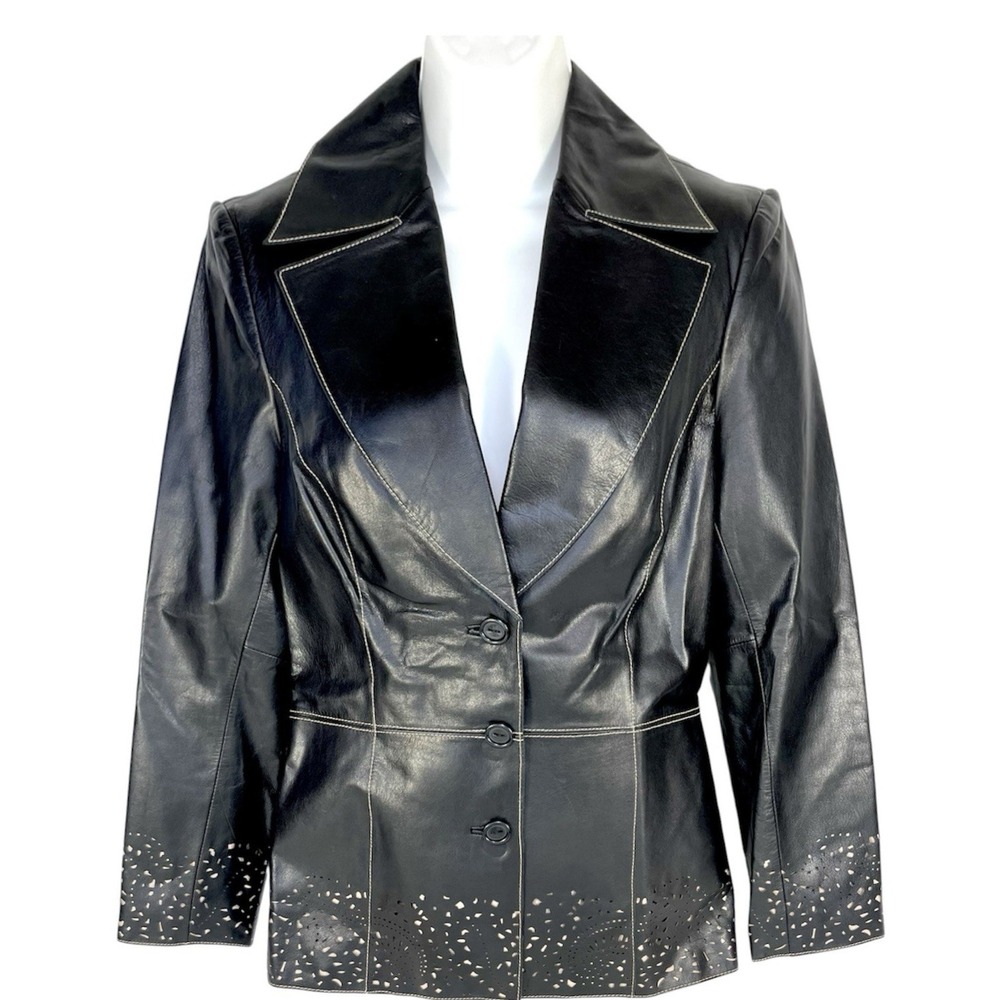Black Leather Blazer Womens 8 M Y2K Fitted Jacket Laser Cut Detail NWT